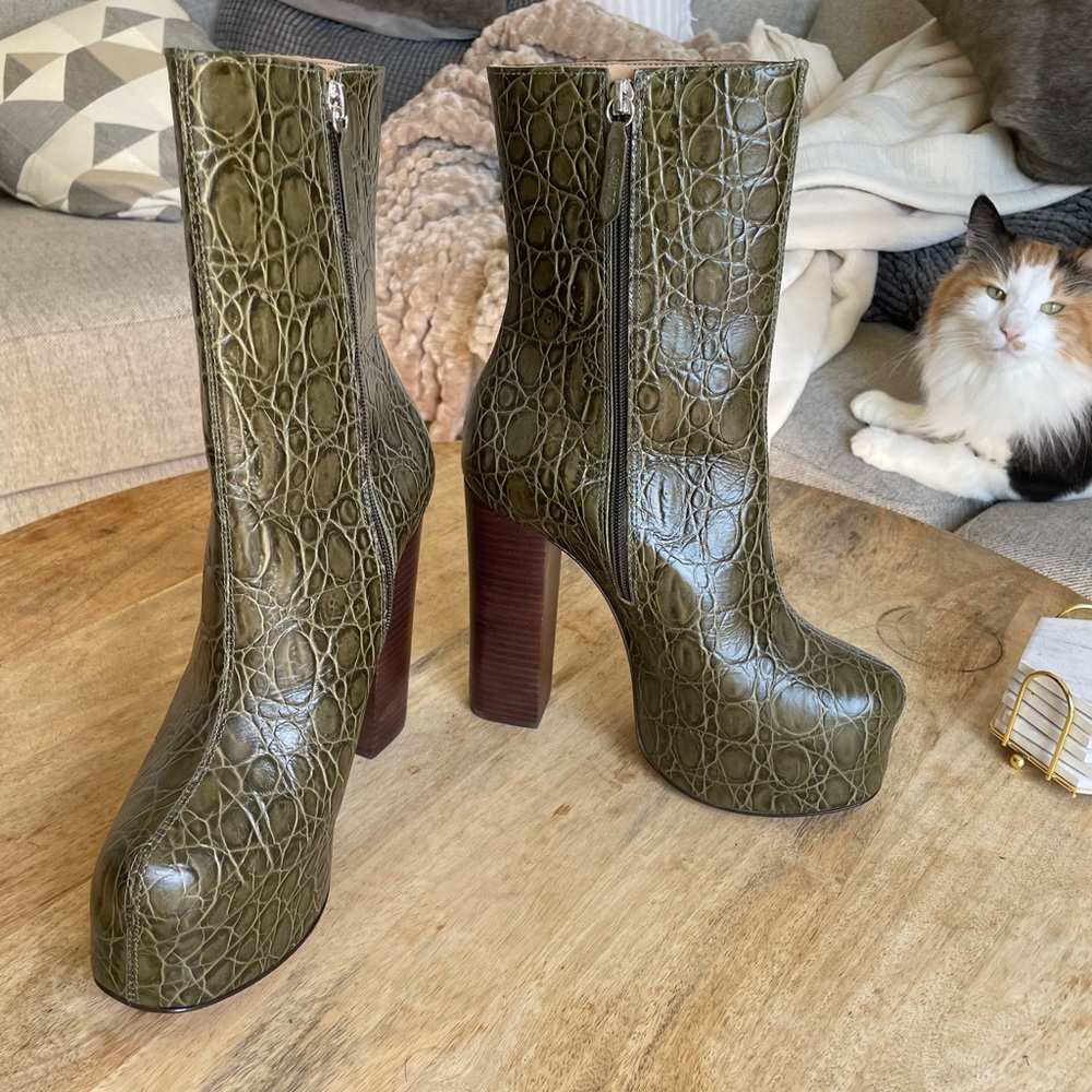 SCHUTZ Crocodile-Embossed Green Platform Boots